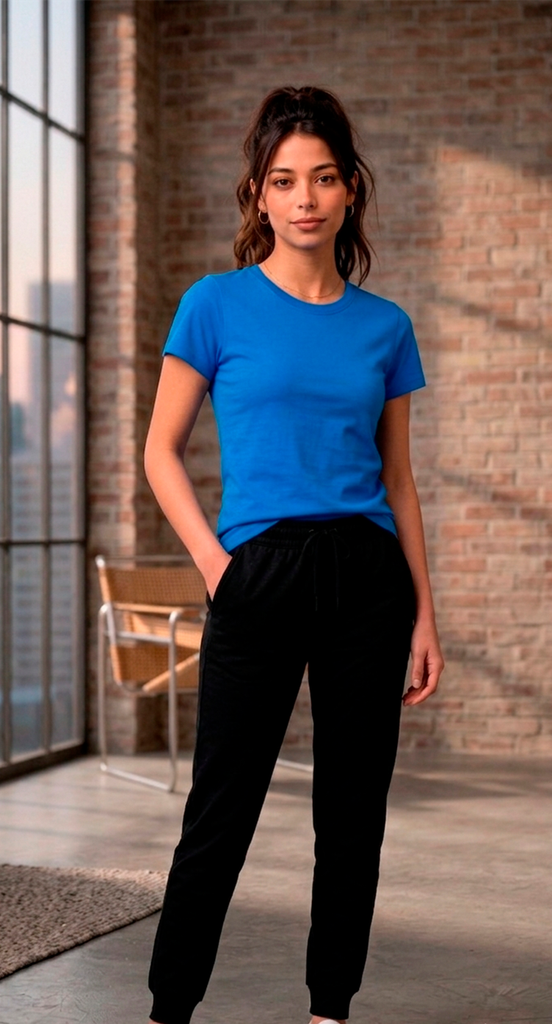 Camiseta Azul de algodón 100% cuello redondo para mujer