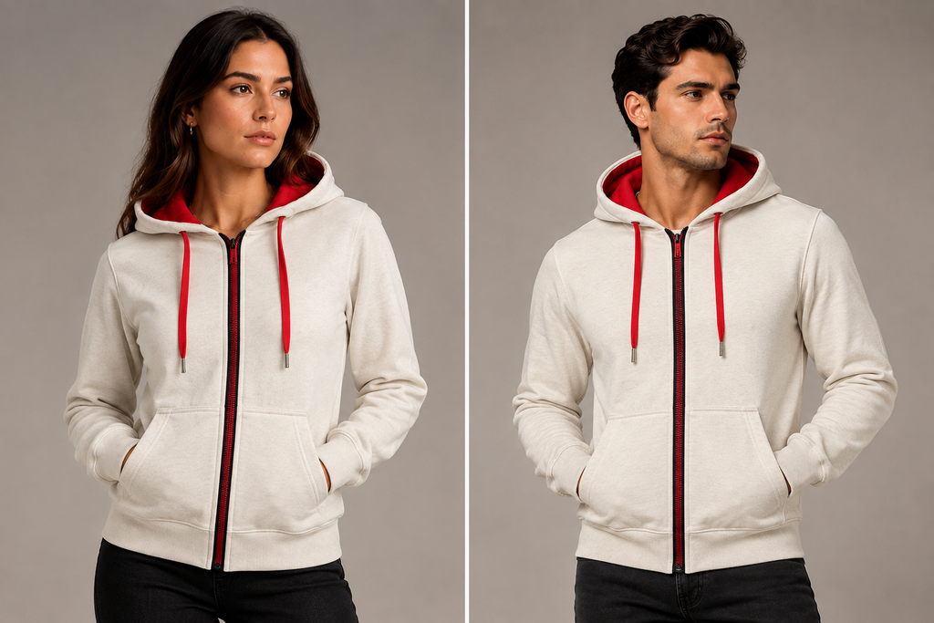 Modelos hombre y mujer vistiendo hoodies beige con cierre 100% algodón JG Studio